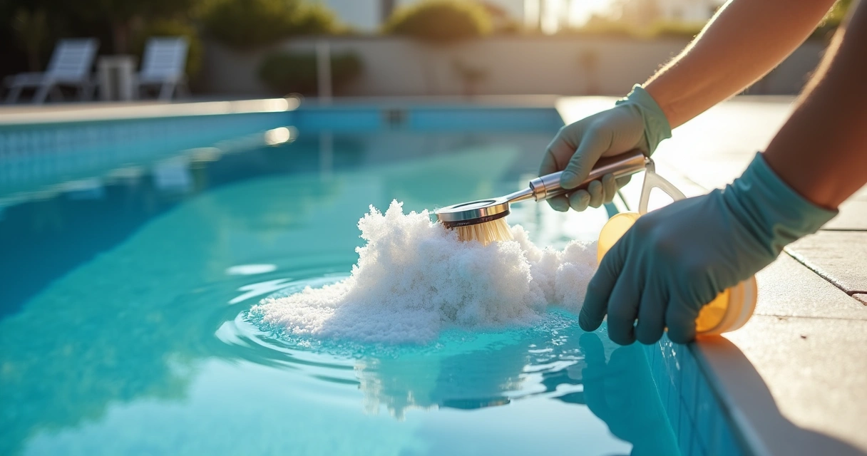 Dirty salt cell on table with visible scale; hands cleaning with brush and acid solution 
