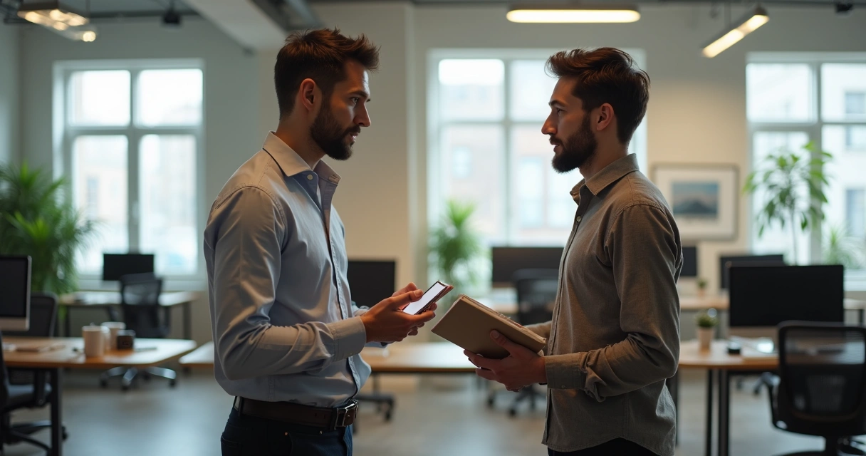 Two colleagues having a respectful disagreement in an office 