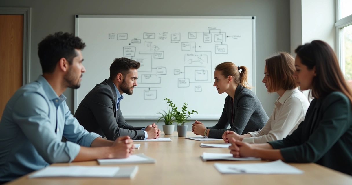 Group of colleagues in a meeting, two people at odds while others observe 