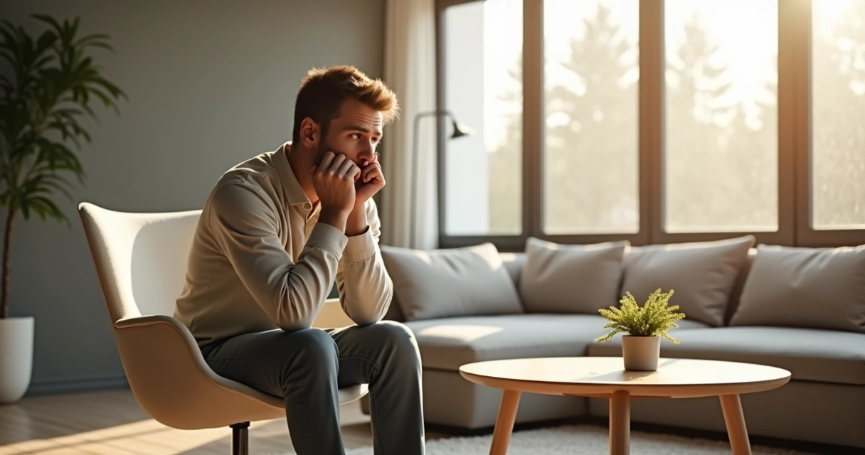 Person sitting alone and thoughtful in a modern interior
