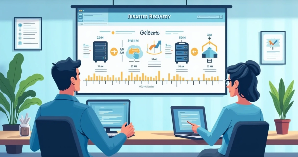 Dashboard showing a digital disaster recovery drill plan with backup servers and timelines 