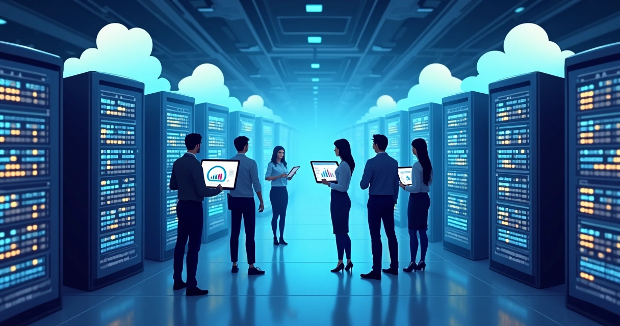 Server racks with blue and orange lights connected to cloud icons 