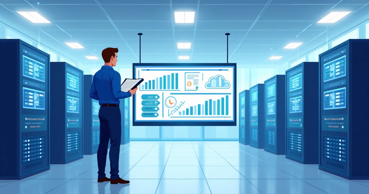 Technician monitoring multiple servers for disaster recovery readiness. 