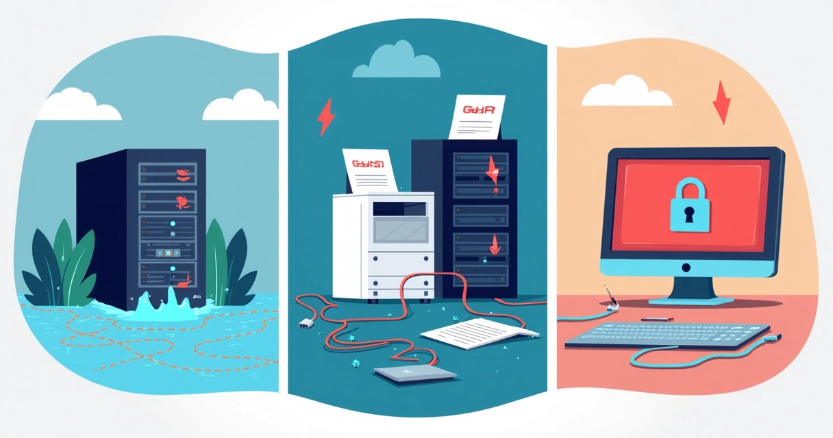 Natural disaster, technical failure, and cyber attack illustrated together 
