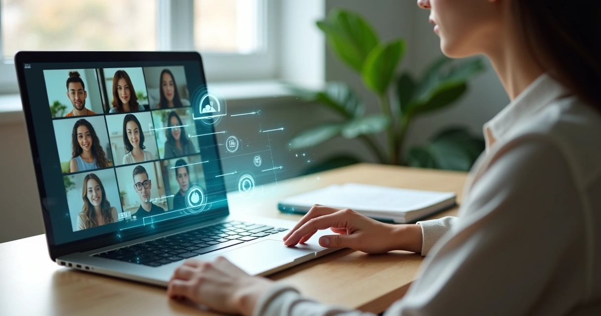 Pessoa em frente ao notebook ajustando painel virtual com indicadores emocionais 