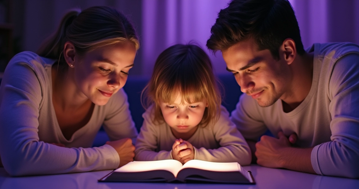 Família orando e lendo a Bíblia em casa, luz roxa suave 