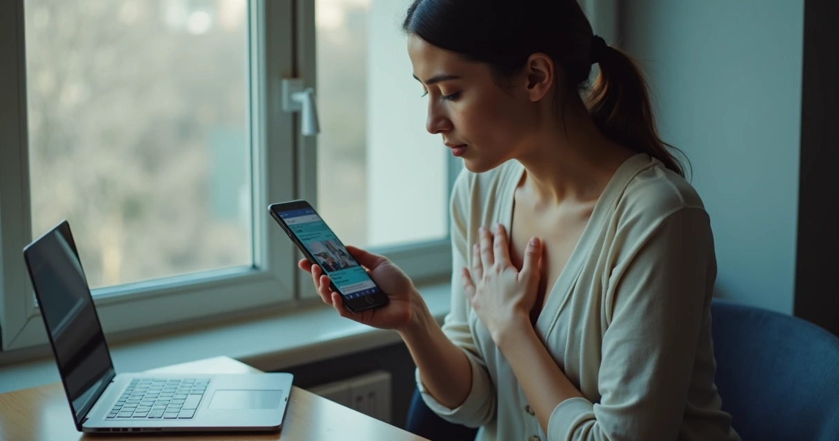 Celular com notícias e pessoa fazendo pausa para respirar