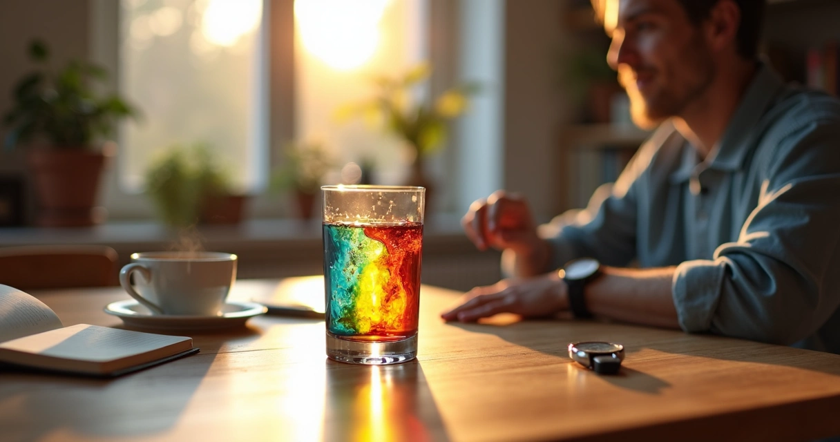 Persona observando gotas de tinta de colores mezclarse en un vaso de agua sobre una mesa de madera 