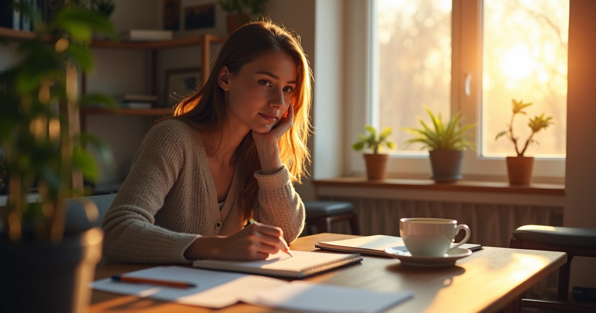 Pessoa refletindo enquanto planeja o dia com bloco de notas