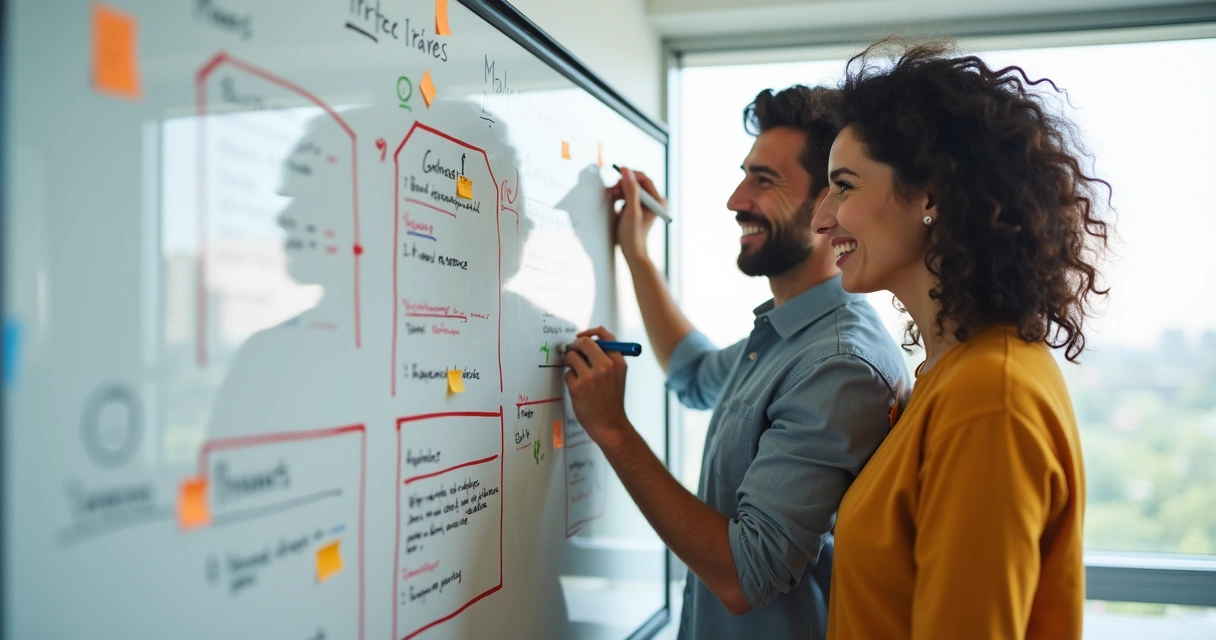 Dois jovens colaborando e marcando tarefas em quadro branco