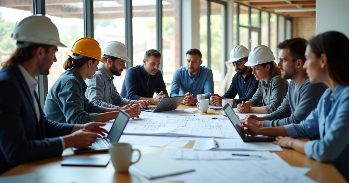 Equipe de engenharia reunida em canteiro de obras analisando documentos em tablets e laptops 