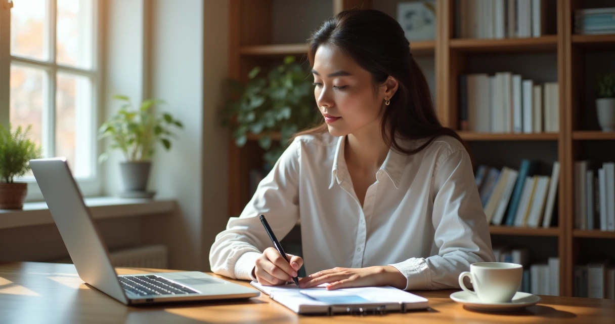 Profissional sentado à mesa refletindo com caderno e xícara de café 