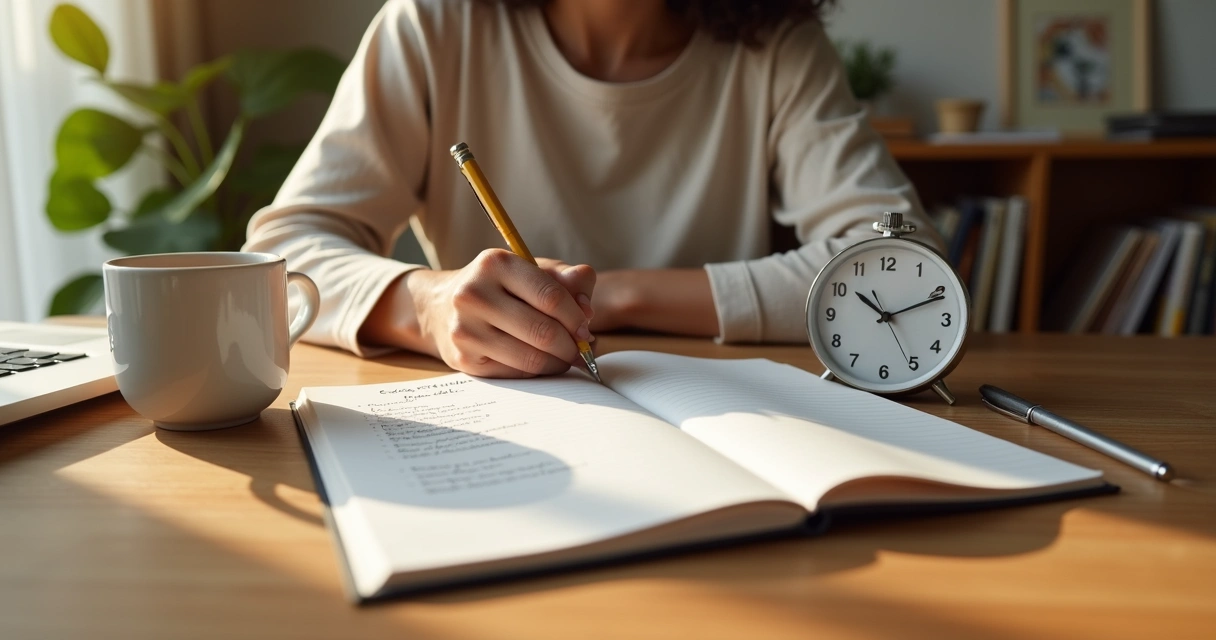 Persona escribiendo hábitos diarios en un cuaderno sobre una mesa ordenada 