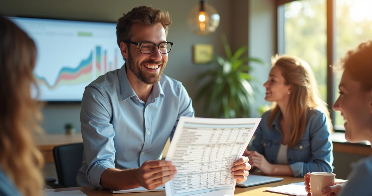 Gestor sorridente com planilha de caixa em reunião