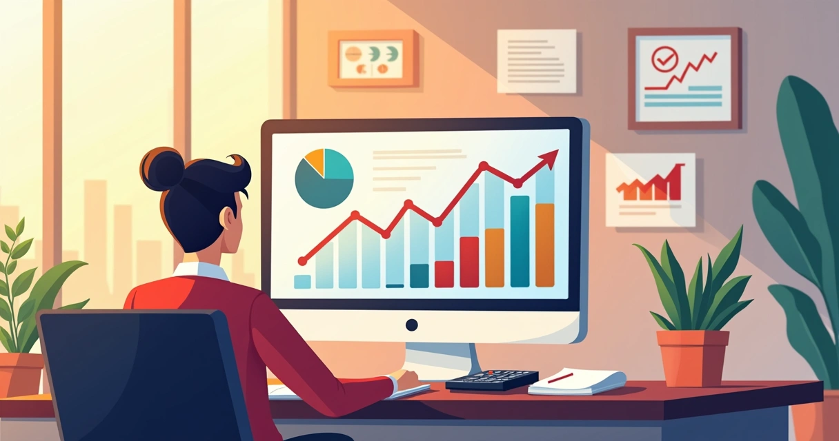 Pessoa analisando tela de computador com gráficos organizados, transmitindo foco e controle.