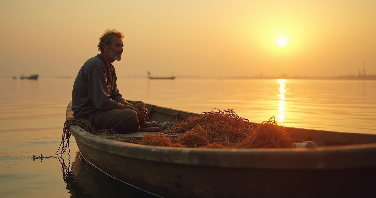 Homem simples sentado em barco, redes de pesca ao redor, céu dourado ao fundo 