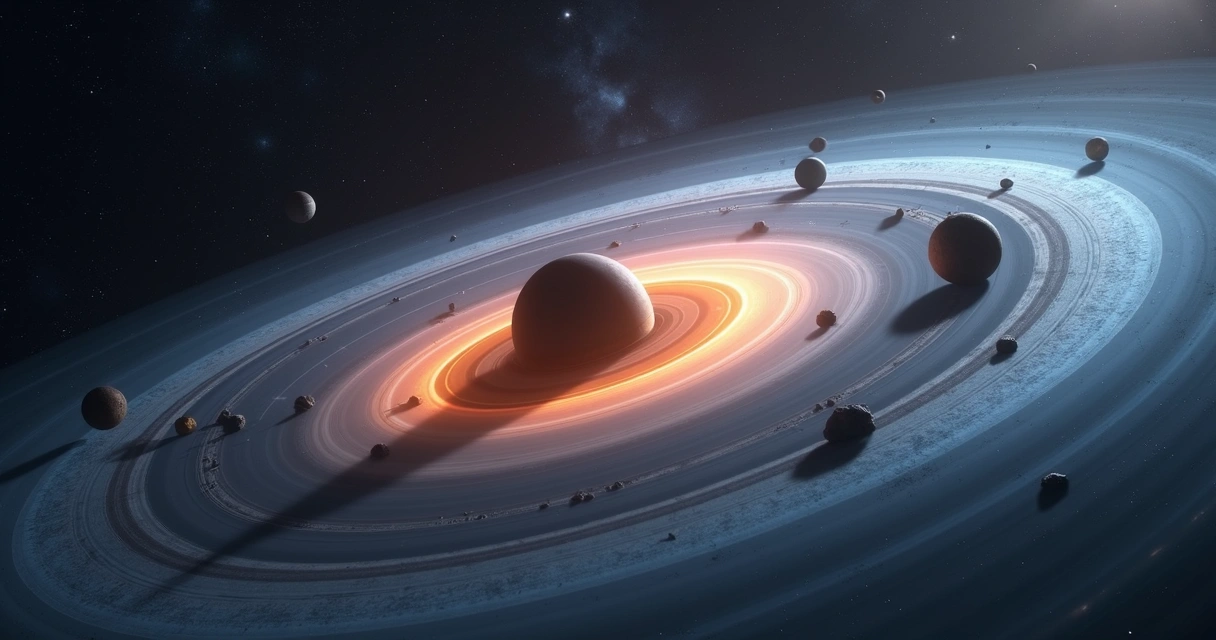 Representação realista do disco de detritos ao redor da estrela Fomalhaut com planetas esculpindo a estrutura e comparação com o Cinturão de Kuiper no sistema solar 