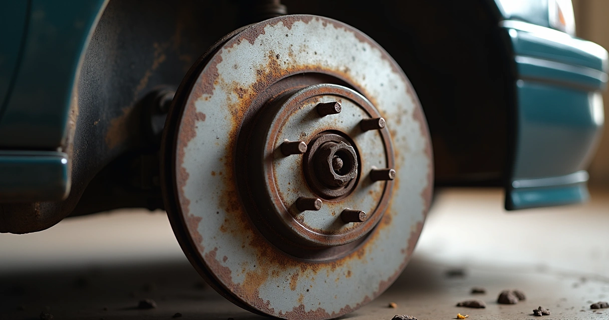 Disco de freio com sinais de desgaste e ferrugem, próximo à roda 