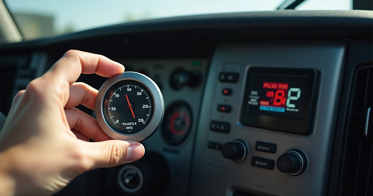 Mão segurando um disco de tacógrafo analógico ao lado de um tacógrafo digital