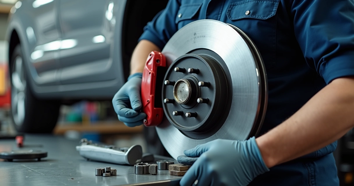 Mecânico examinando disco de freio de carro desmontado na oficina 
