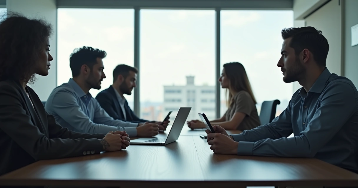 Team members sitting at a table looking away from each other 