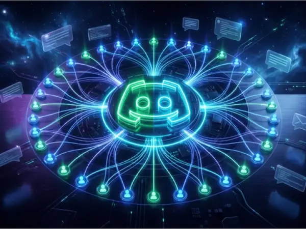 Ícone do Discord conectado a vários usuários em círculo com linhas digitais