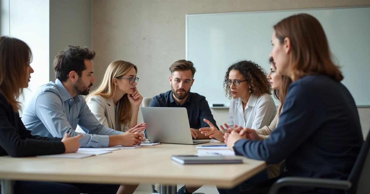 Grupo de pessoas em reunião, algumas discordando, outras ouvindo com atenção 