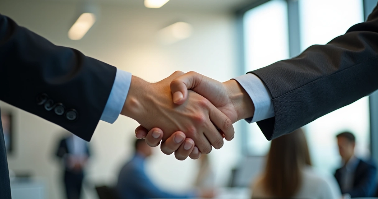 Manos dándose un apretón como disculpa en una oficina