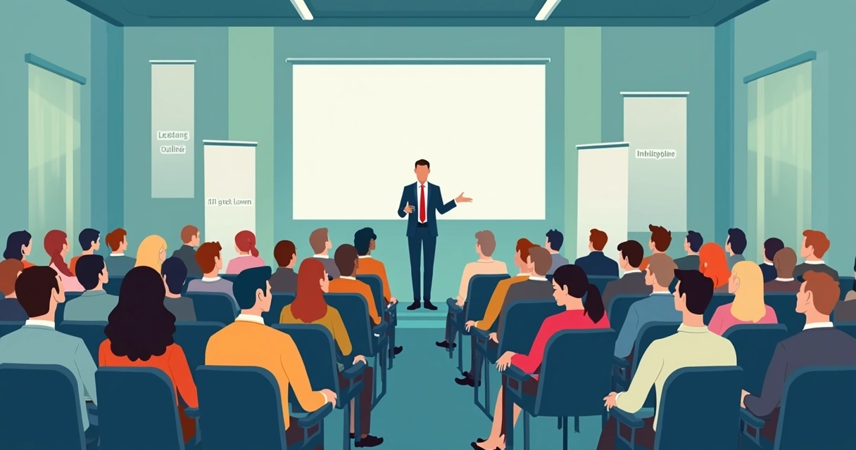 Pessoas diversas ouvindo palestra em auditório