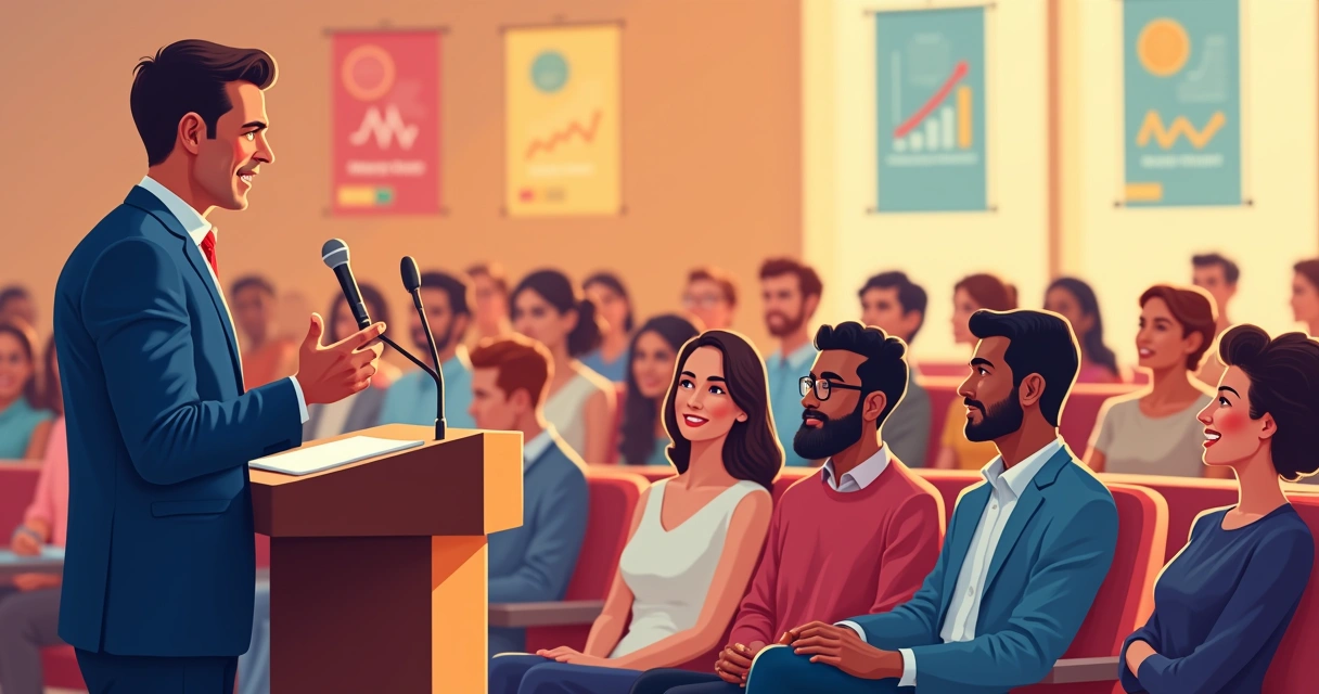 Candidato discursando para público diverso em auditório local