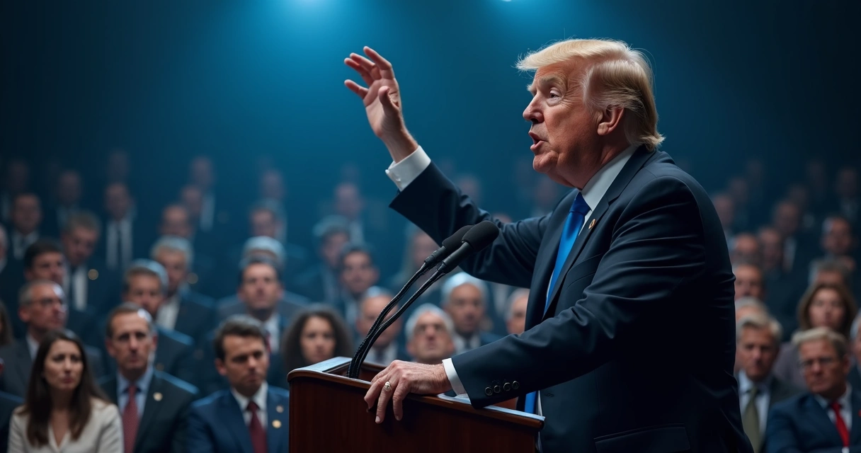 Político discursando em palanque, plateia atenta, expressão intensa no rosto do político