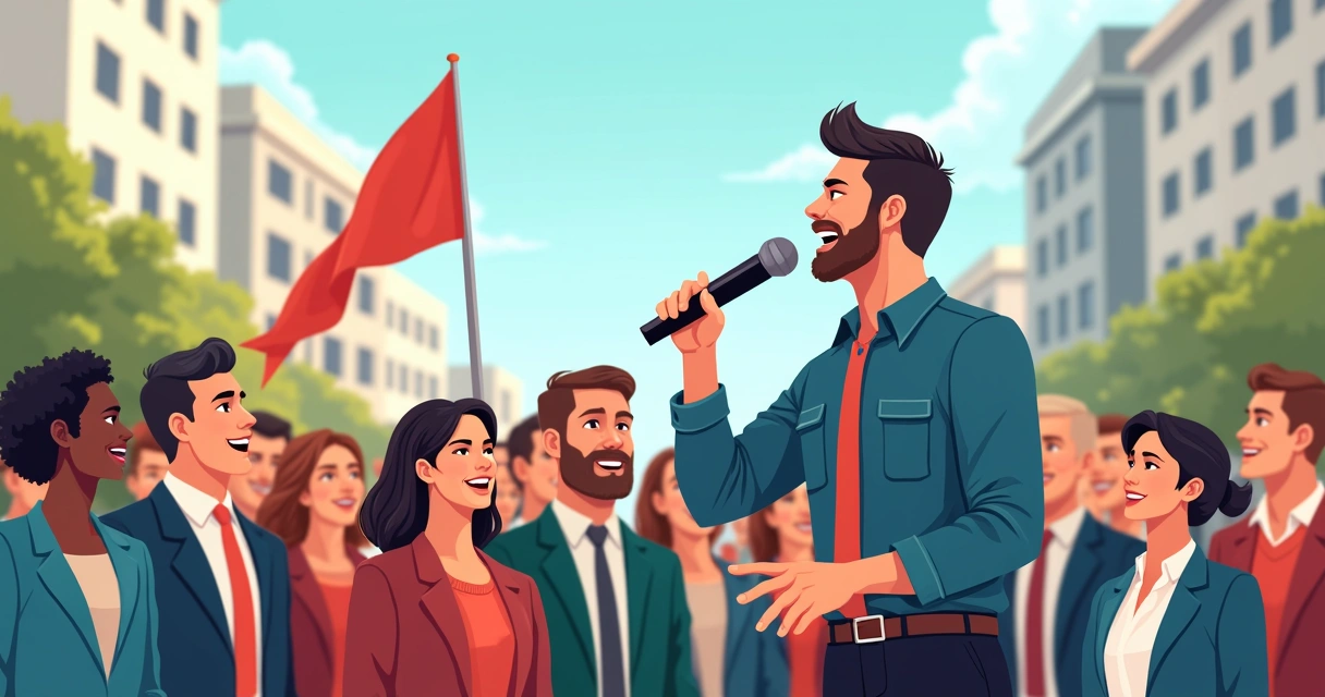 Sindicalista discursando para trabalhadores reunidos