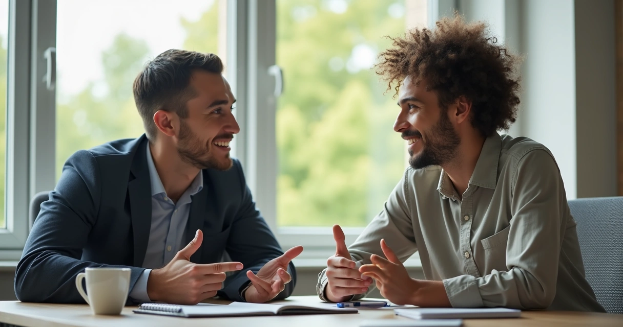 Conversación amistosa entre dos colegas en una oficina, gesticulando y sonriendo, mientras el sol entra por la ventana
