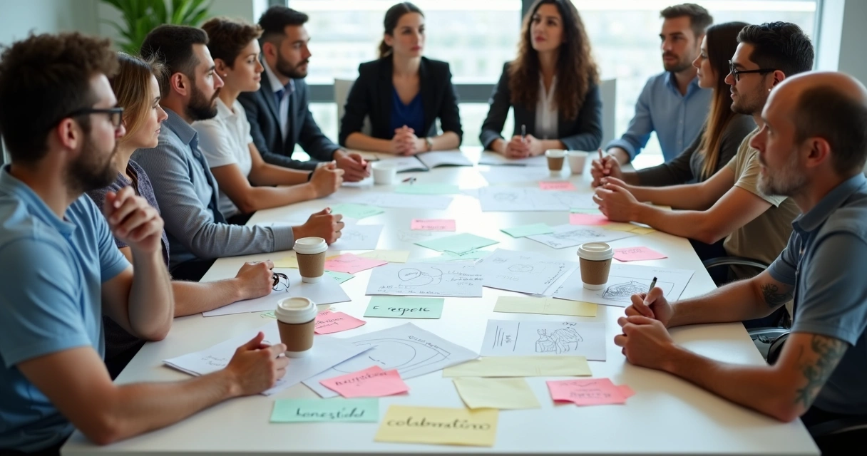 Personas en una mesa debatiendo valores y normas