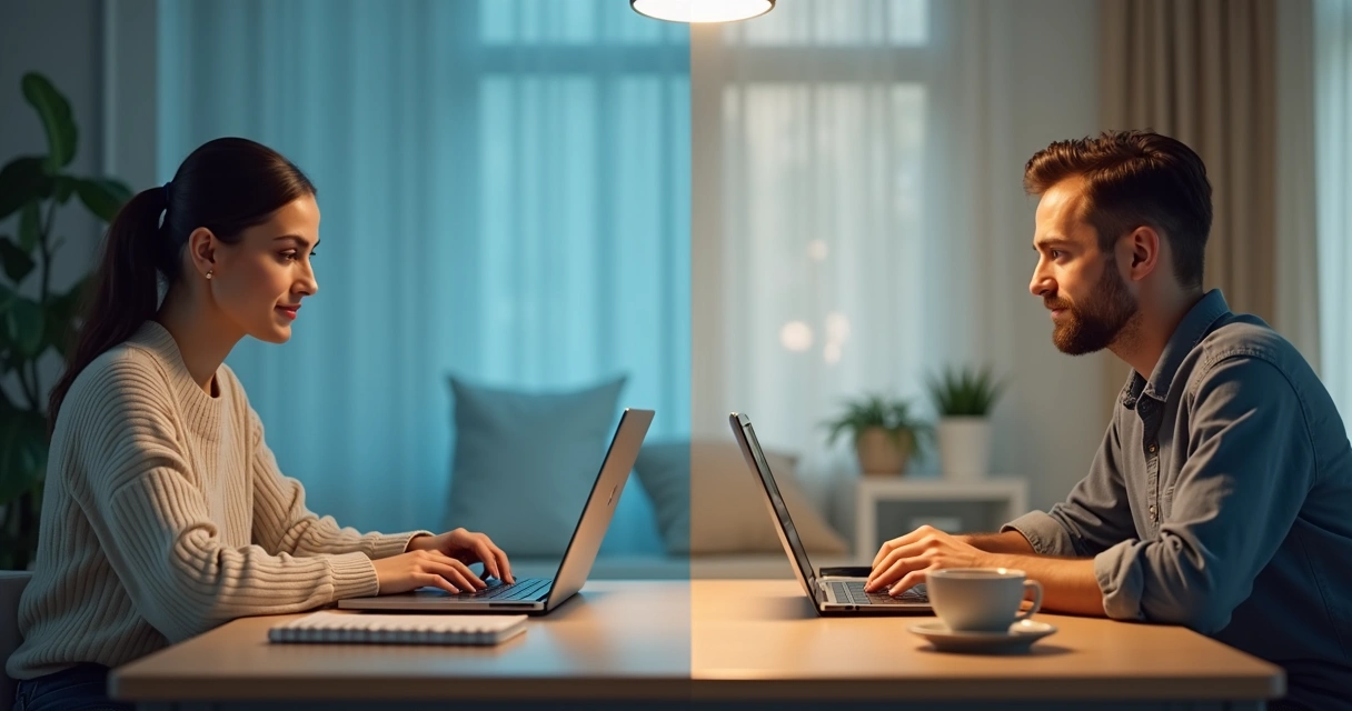 Dos personas dialogan por videollamada con mensajes en pantalla y gesto sereno