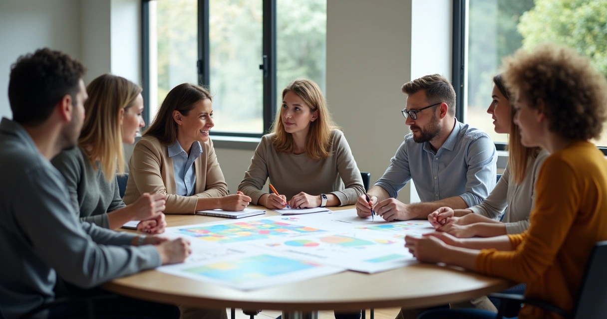 Grupo de personas de diferentes edades debatiendo ideas en una mesa redonda 
