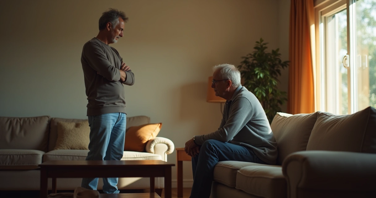 Dos personas en tensión en una sala de estar 