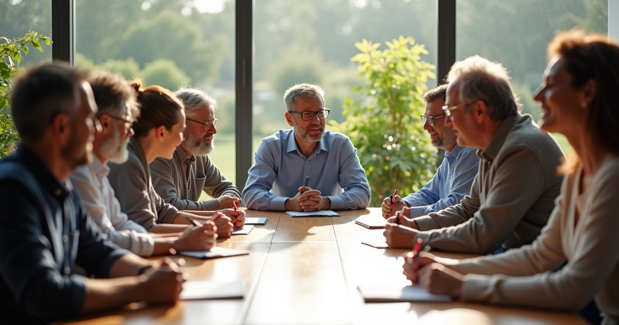 Grupo diverso en una mesa debatiendo temas importantes