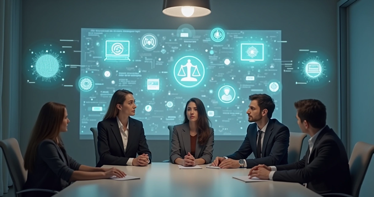 Personas debatiendo en una sala con iconos digitales 