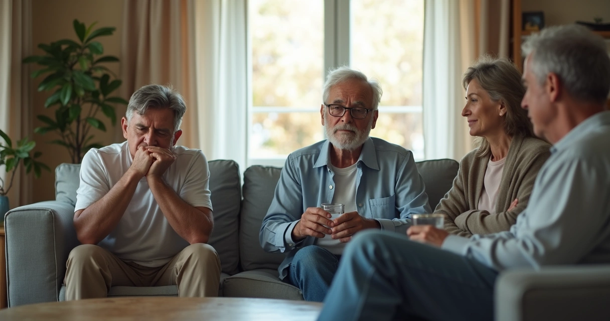 Familia en pausa durante una conversación tensa en la sala