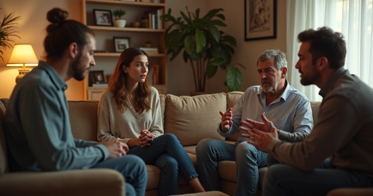 Familia discutiendo en la sala de estar, gestos serios y emociones intensas 