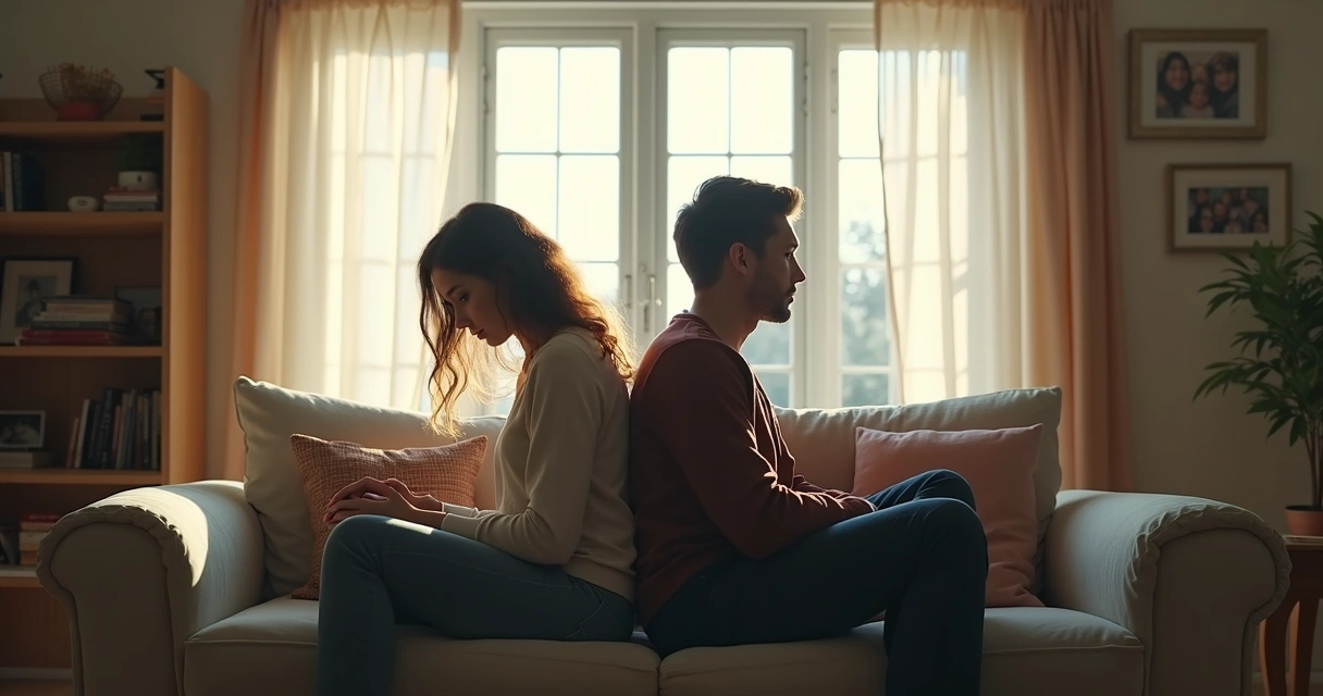 Pareja discutiendo en una sala con expresión de distancia 