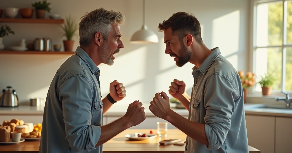 Pareja discutiendo intensamente en la cocina 