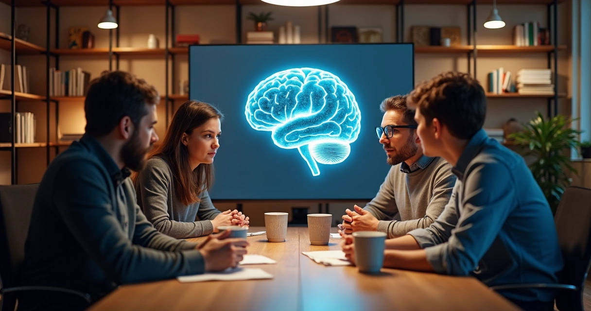 Personas conversando con transparencia y un gráfico de un cerebro iluminado al fondo.