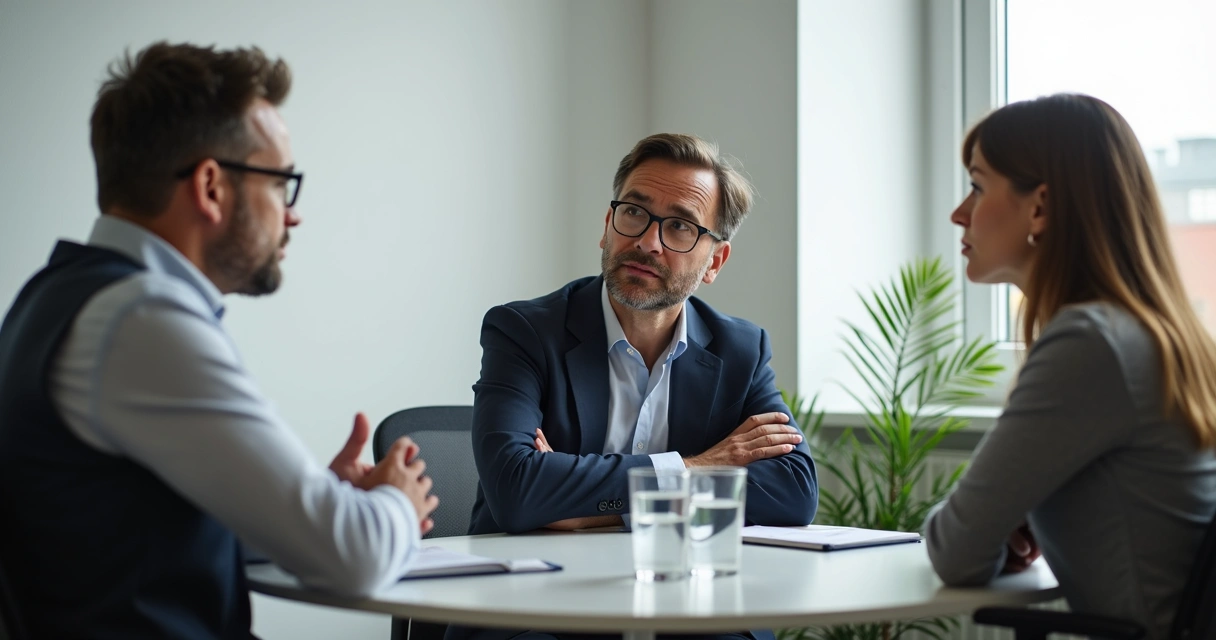 Personas conversando con tensión moderada en una reunión de trabajo 