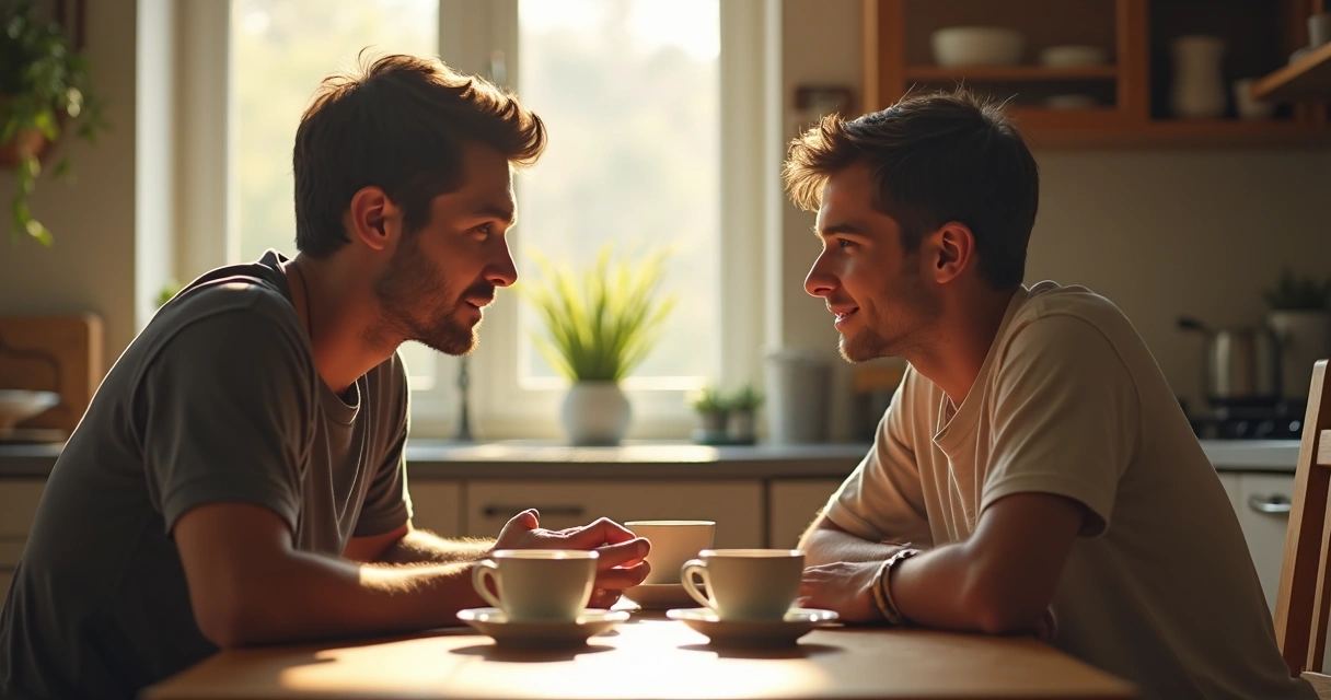 Padre e hijo conversan tranquilos en la mesa después de discutir 