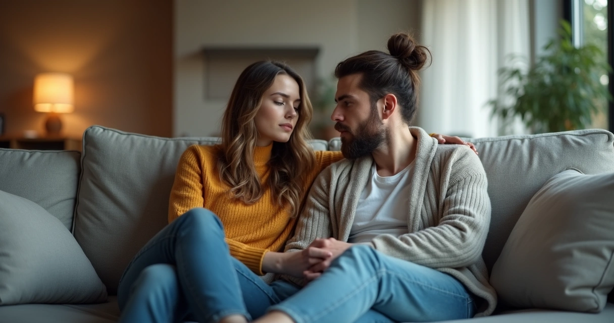 Pareja sentados en el sofá mirando hacia lados opuestos en silencio 
