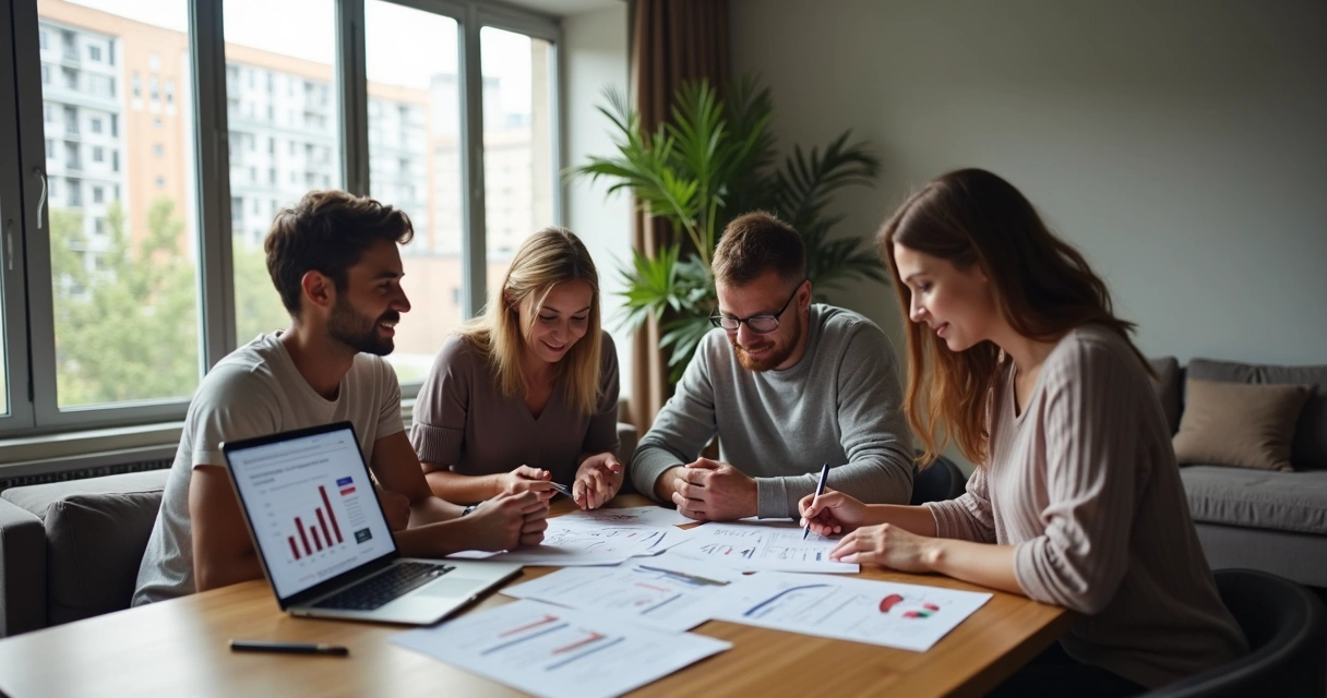 Família discutindo contrato de aluguel na sala 