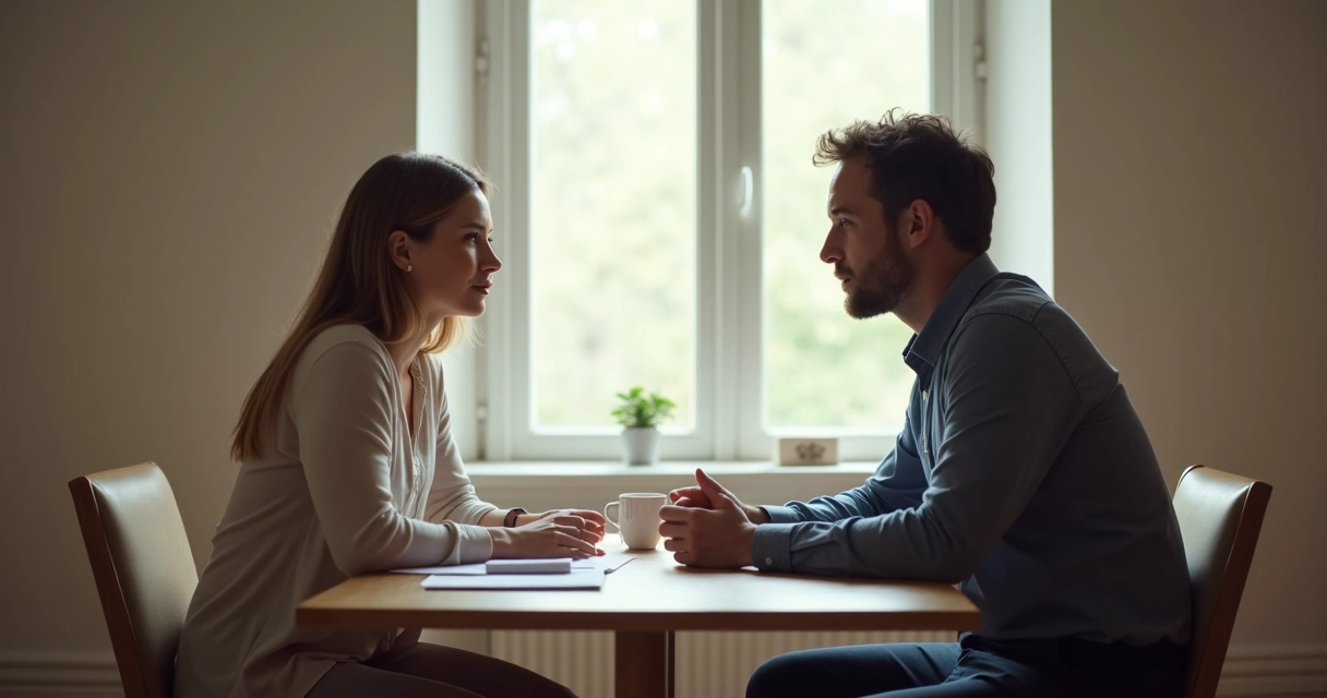 Duas pessoas sentadas frente a frente conversando, uma em postura escutando e outra falando 