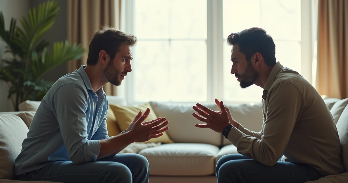 Duas pessoas discutindo em uma sala, expressão corporal tensa 